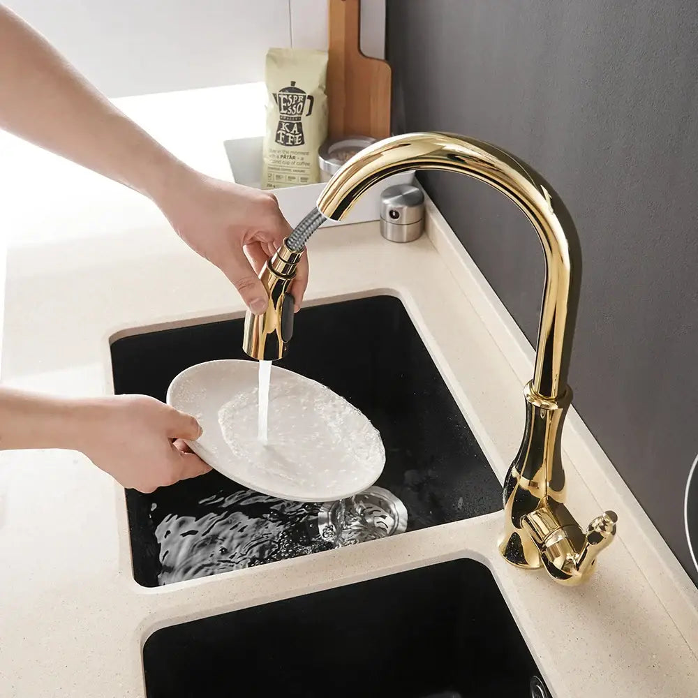 Modern gold single handle pull out kitchen faucet swivel mixer tap