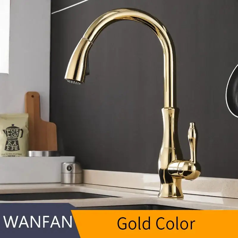 Modern gold single handle pull out kitchen faucet swivel mixer tap