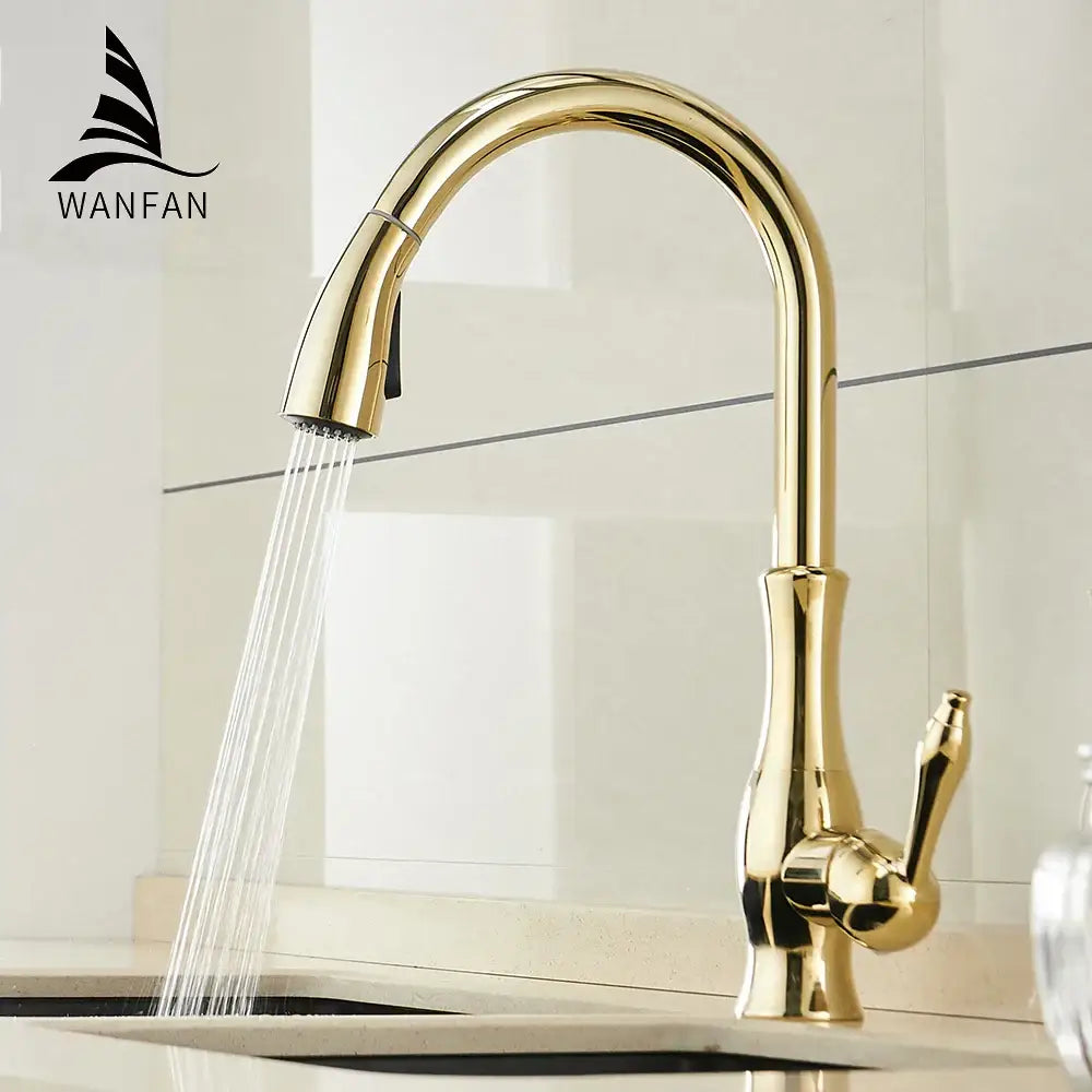Modern gold single handle pull out kitchen faucet swivel mixer tap