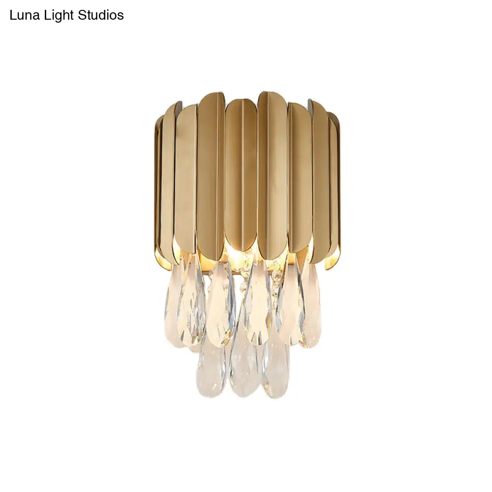 DecorBites™ Modern Gold/Smoke Grey Round Wall Mount Lighting with Clear Crystal Teardrop - 2 Bulb Wall Lamp