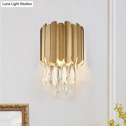 DecorBites™ Modern Gold/Smoke Grey Round Wall Mount Lighting with Clear Crystal Teardrop - 2 Bulb Wall Lamp