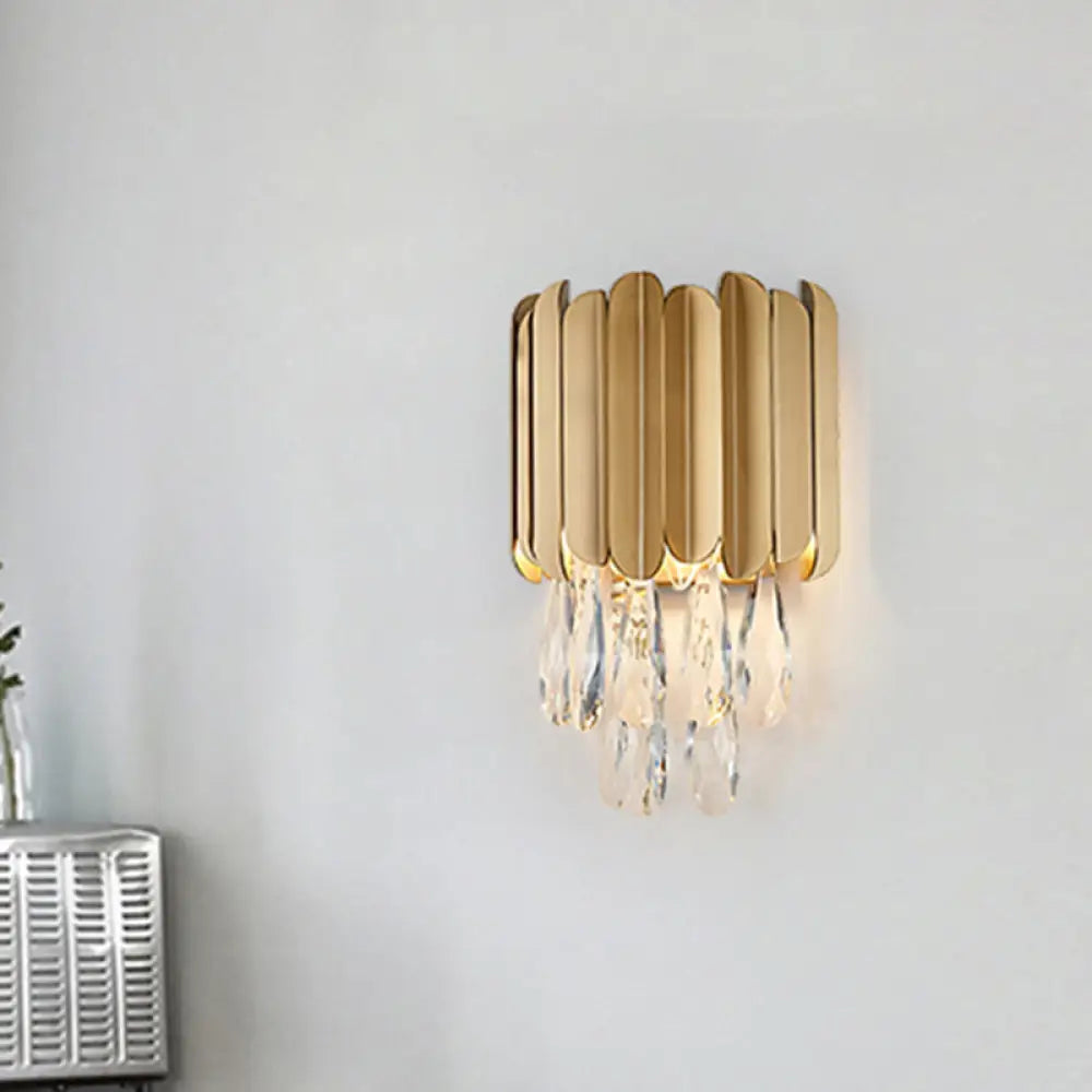 DecorBites™ Modern Gold/Smoke Grey Round Wall Mount Lighting with Clear Crystal Teardrop - 2 Bulb Wall Lamp