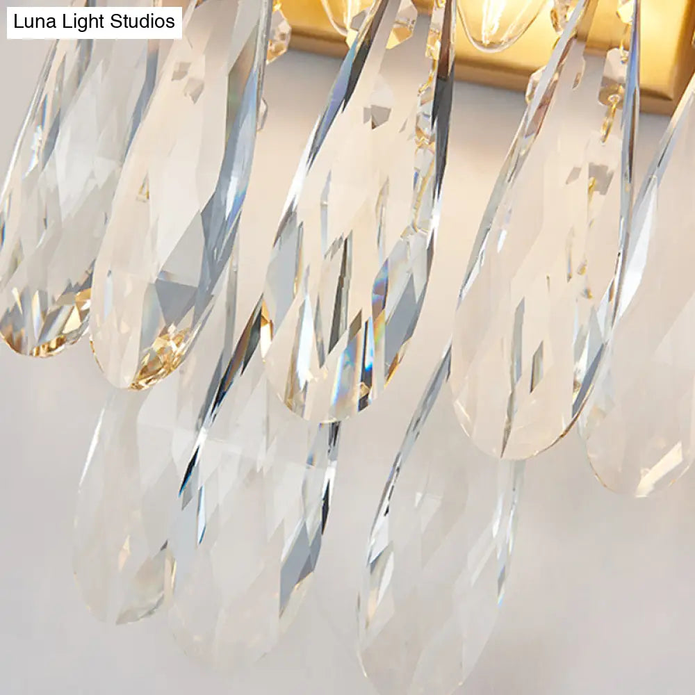 DecorBites™ Modern Gold/Smoke Grey Round Wall Mount Lighting with Clear Crystal Teardrop - 2 Bulb Wall Lamp