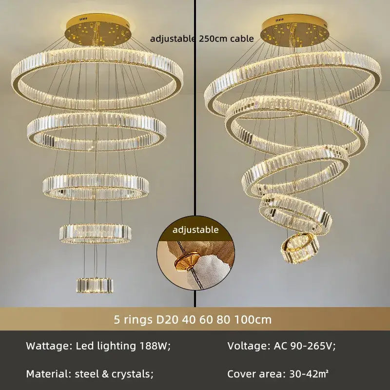 Modern gold spiral crystal circle led chandelier living room light