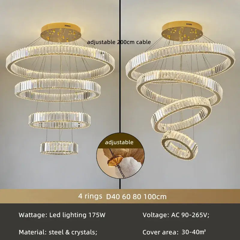 Modern gold spiral crystal circle led chandelier living room light