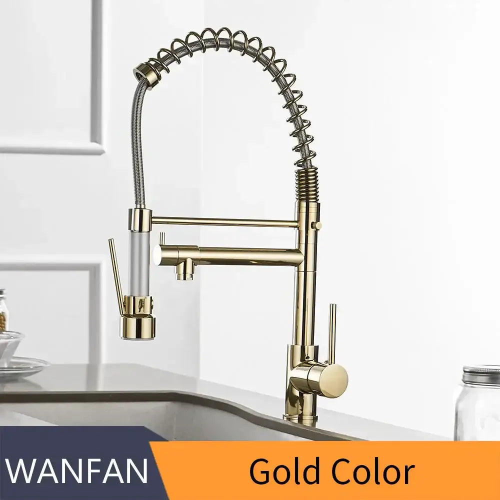 Modern gold spring spout kitchen faucet with pull out spray head