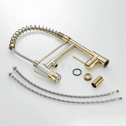 Modern gold spring spout kitchen faucet with pull out spray head