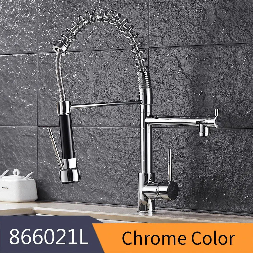 Modern gold spring spout kitchen faucet with pull out spray head