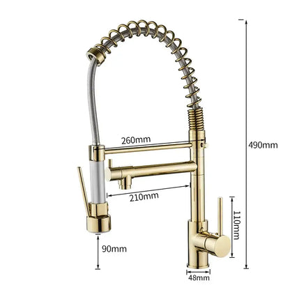 Modern gold spring spout kitchen faucet with pull out spray head