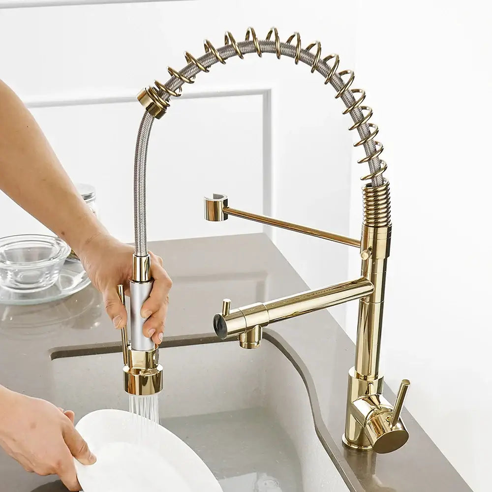 Modern gold spring spout kitchen faucet with pull out spray head