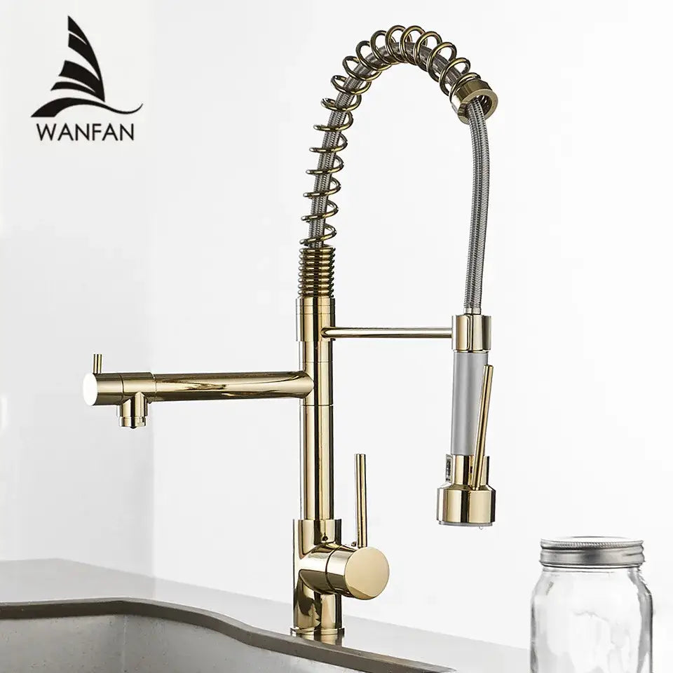 Modern gold spring spout kitchen faucet with pull out spray head