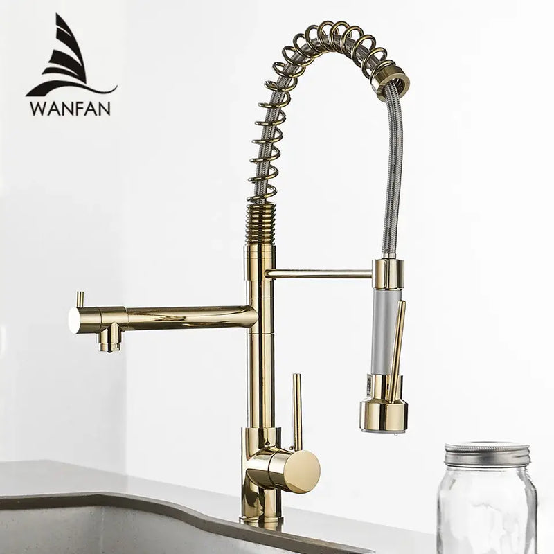 Modern gold spring spout kitchen faucet with pull out spray head