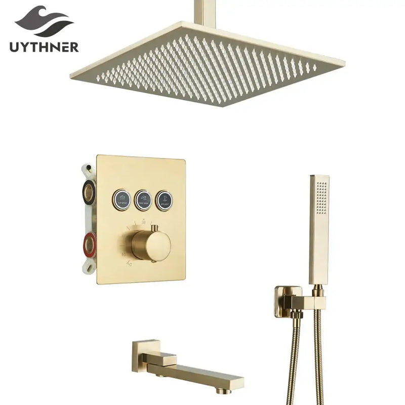 Modern gold square rainfall shower faucet mixer set bathroom