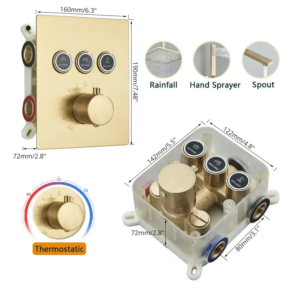 Modern gold square rainfall shower faucet mixer set bathroom