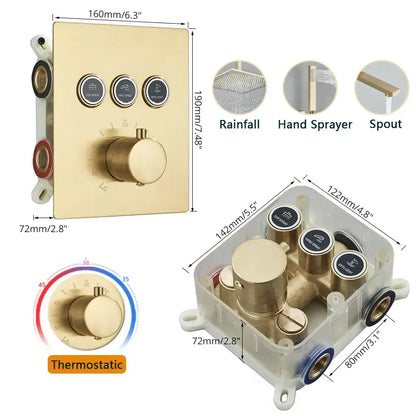 Modern gold square rainfall shower faucet mixer set bathroom