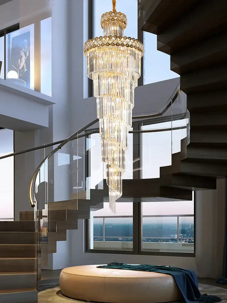 Modern gold stainless steel crystal chandelier staircase light