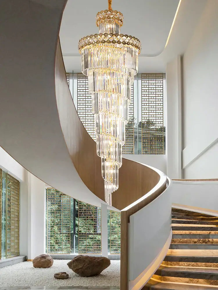 Modern gold stainless steel crystal chandelier staircase lighting