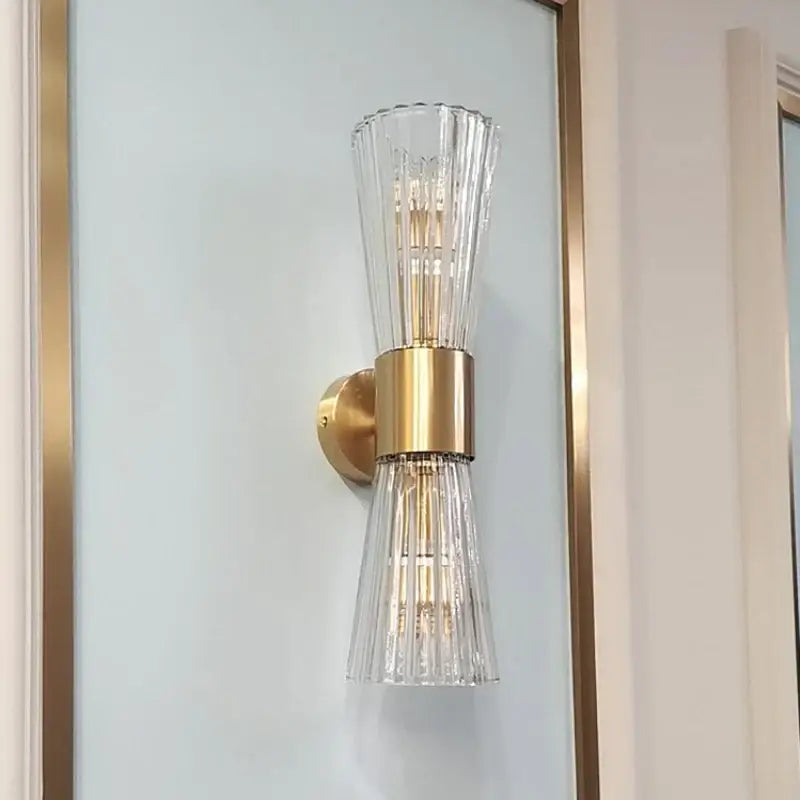 Modern gold stainless steel fluted glass wall sconce for bedroom