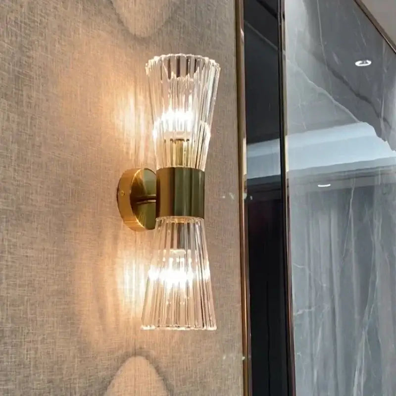 Modern gold stainless steel fluted glass wall sconce for bedroom