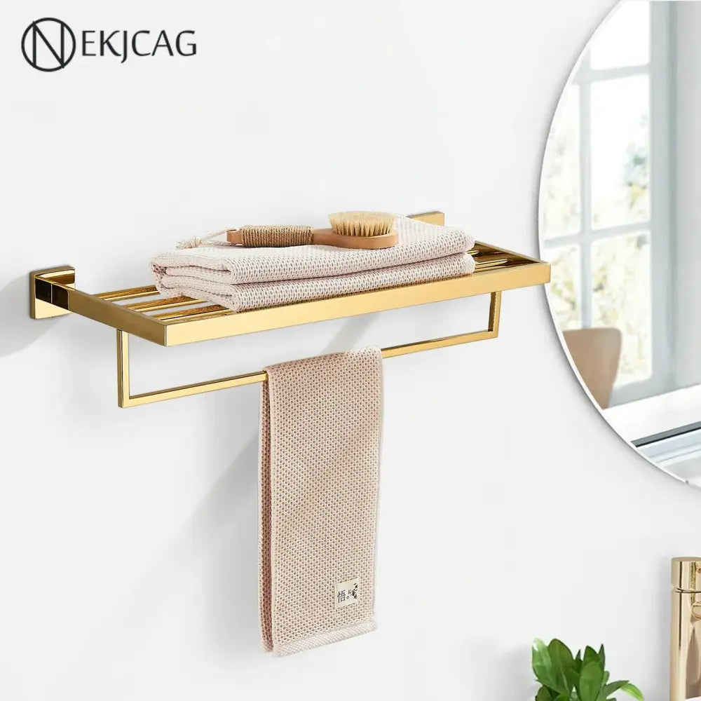 Modern gold stainless steel wall mount towel rack with bathroom shelf