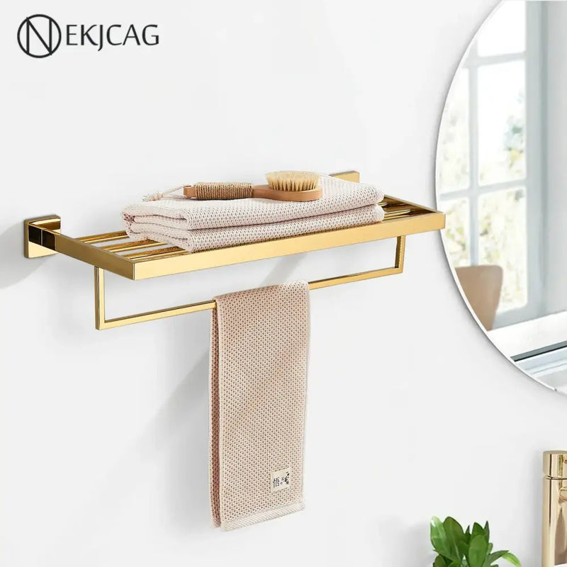 Modern gold stainless steel wall mount towel rack with bathroom shelf