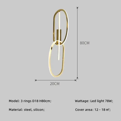 Modern gold steel pendant light interlocking rings dining room