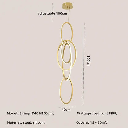 Modern gold steel pendant light interlocking rings dining room