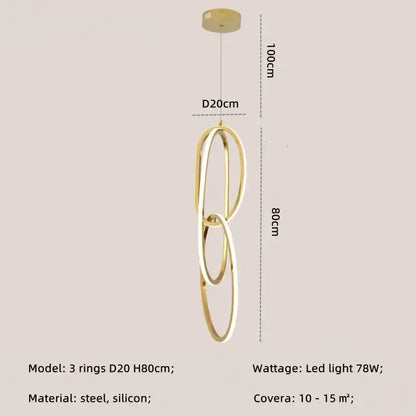 Modern gold steel pendant light interlocking rings dining room