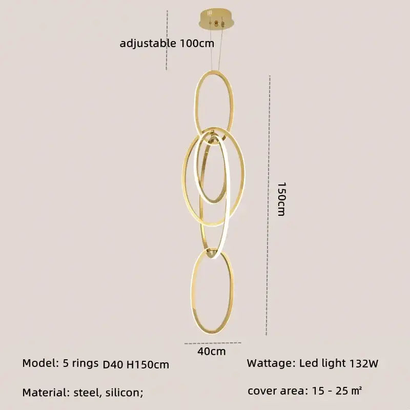 Modern gold steel pendant light interlocking rings dining room