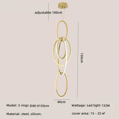 Modern gold steel pendant light interlocking rings dining room