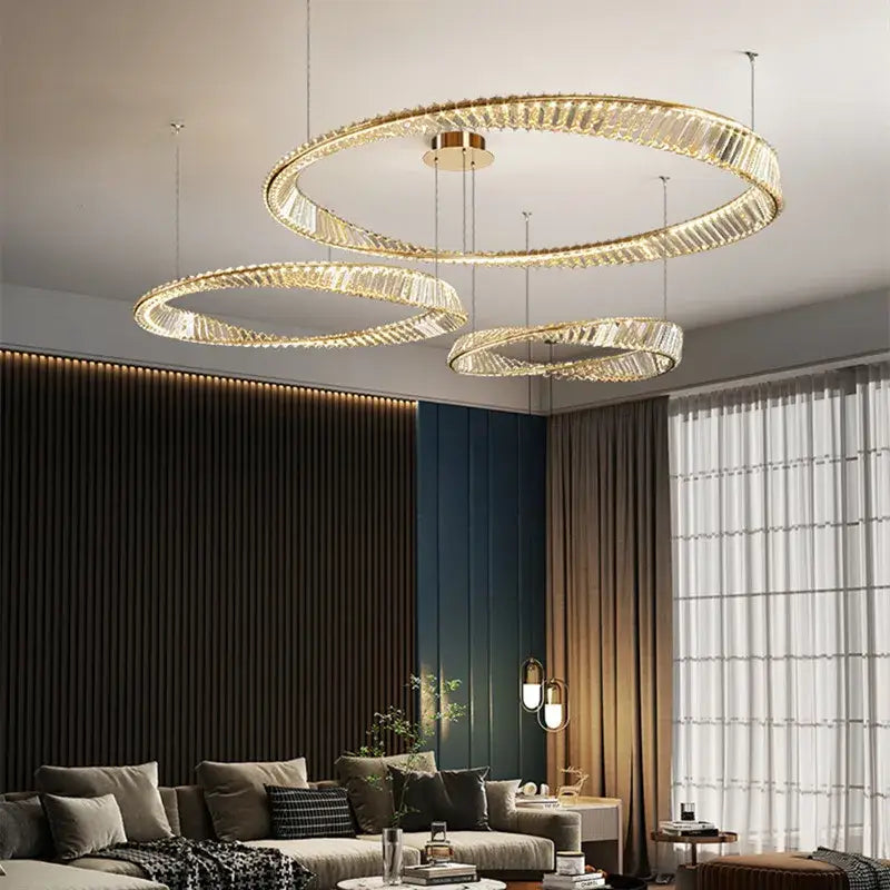Modern gold steel rings crystal pendant light dining room