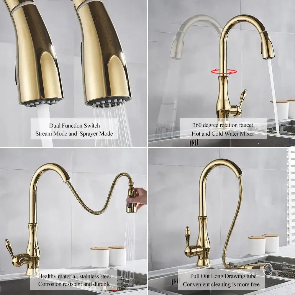 Modern gold swivel kitchen faucet with pull down sprayer