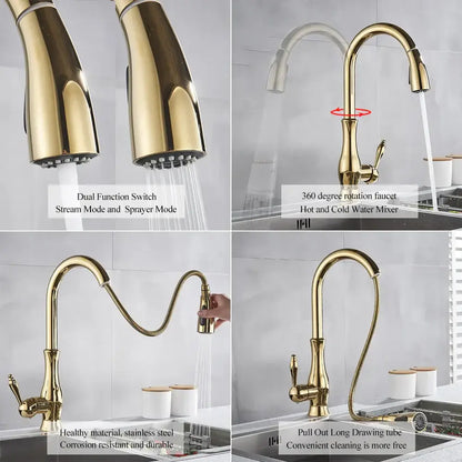 Modern gold swivel kitchen faucet with pull down sprayer