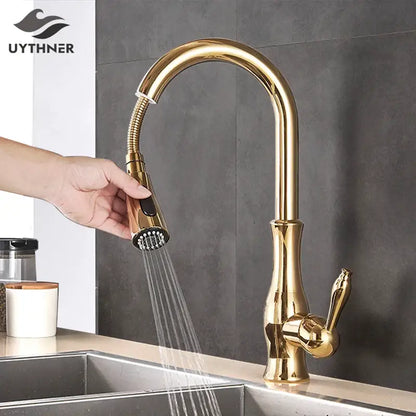 Modern gold swivel kitchen faucet with pull down sprayer