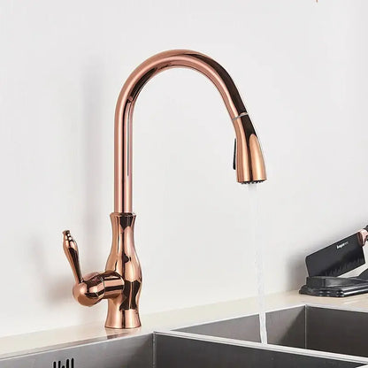 Modern gold swivel kitchen faucet with pull down sprayer
