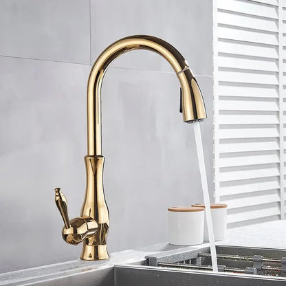 Modern gold swivel kitchen faucet with pull down sprayer