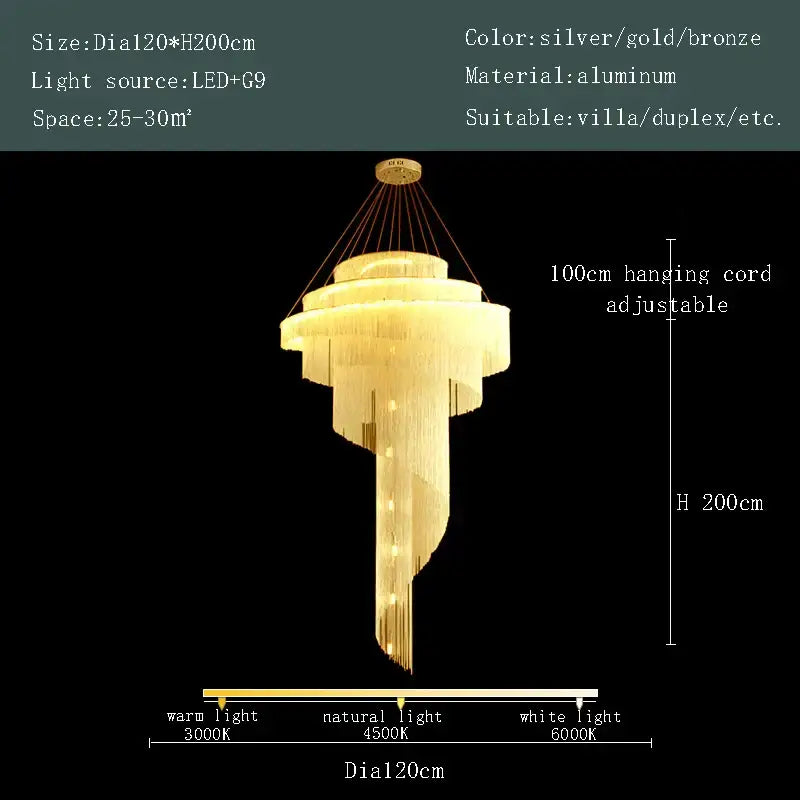 Modern gold tassel led chandelier living room cascading crystal light