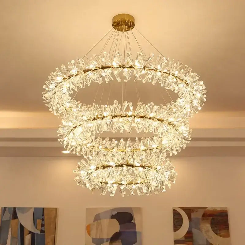 Modern gold three tier crystal led chandelier – dining room light