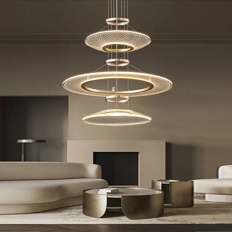 Modern gold tiered mesh pendant chandeliers led living room light