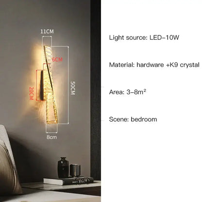 Modern gold twisted crystal wall sconce bedroom light