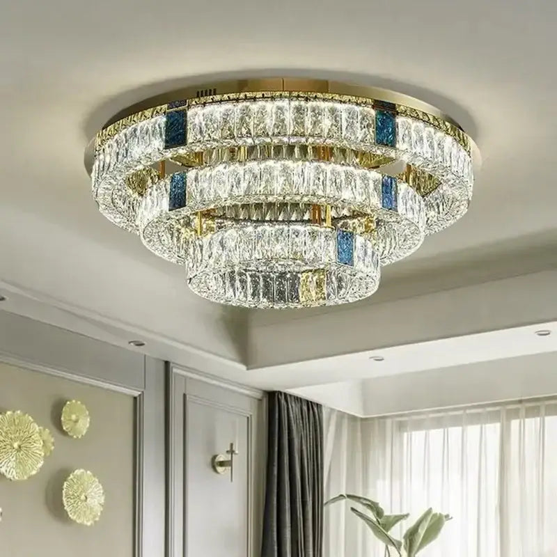 Modern gold two tier crystal led ceiling lamp for living room