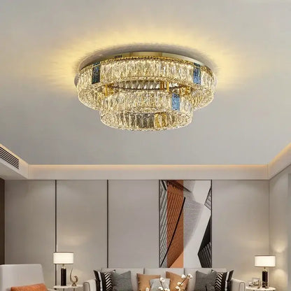 Modern gold two tier crystal led ceiling lamp for living room