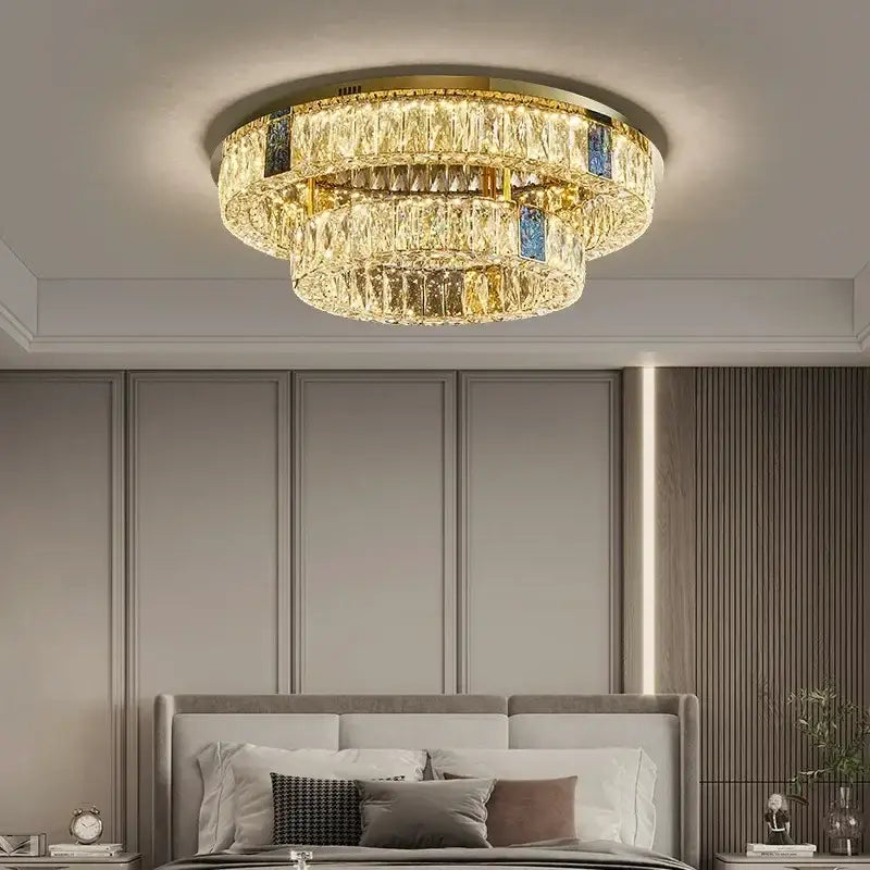 Modern gold two tier crystal led ceiling lamp for living room