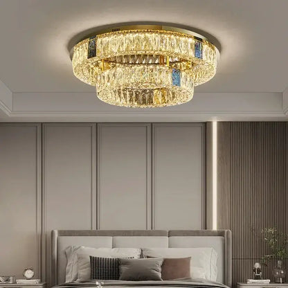 Modern gold two tier crystal led ceiling lamp for living room