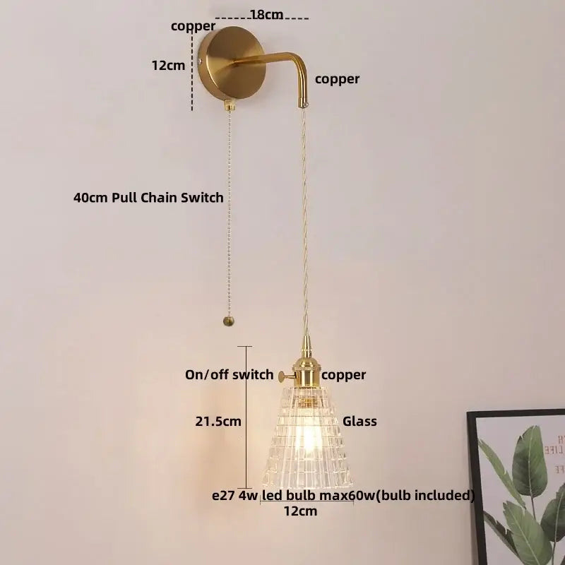Modern gold wall lamp with clear glass shade – bedroom pull chain