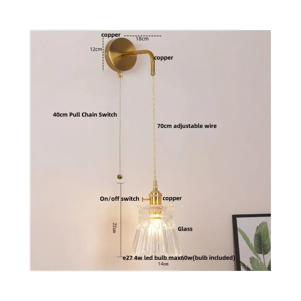 Modern gold wall lamp with clear glass shade – bedroom pull chain