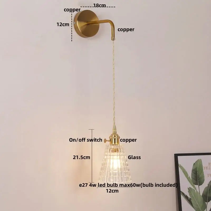 Modern gold wall lamp with clear glass shade – bedroom pull chain