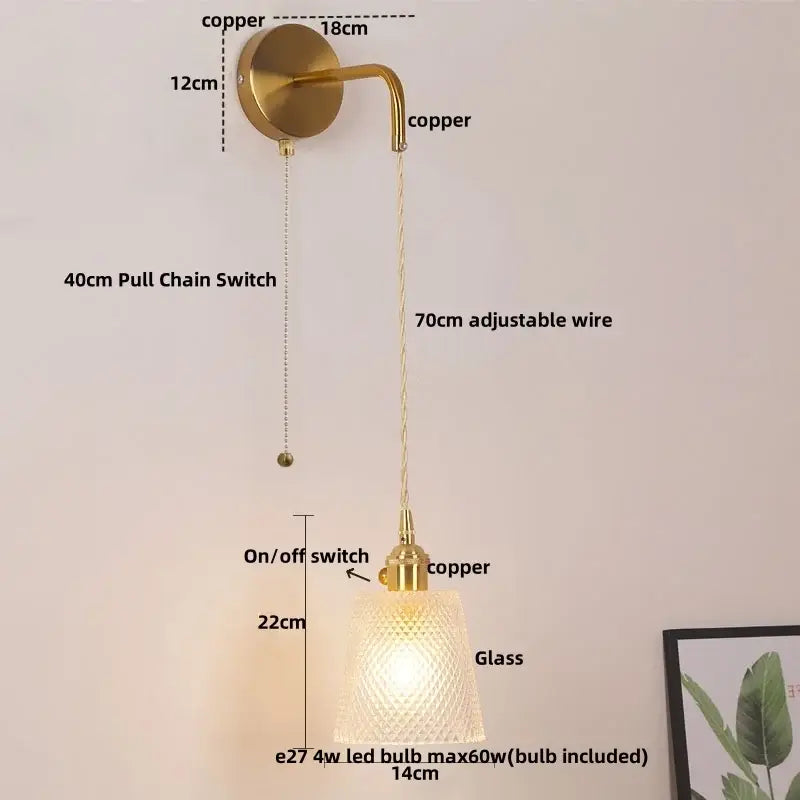 Modern gold wall lamp with clear glass shade – bedroom pull chain