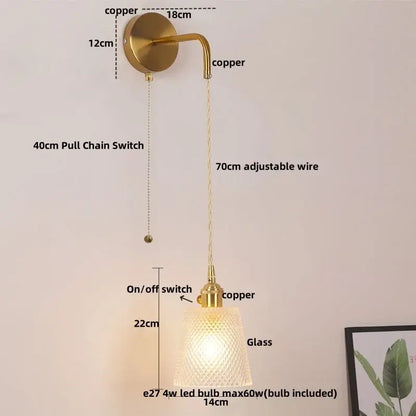 Modern gold wall lamp with clear glass shade – bedroom pull chain