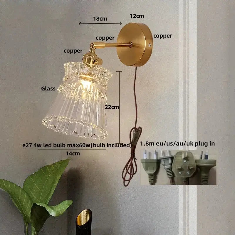 Modern gold wall lamp with clear glass shade – bedroom pull chain